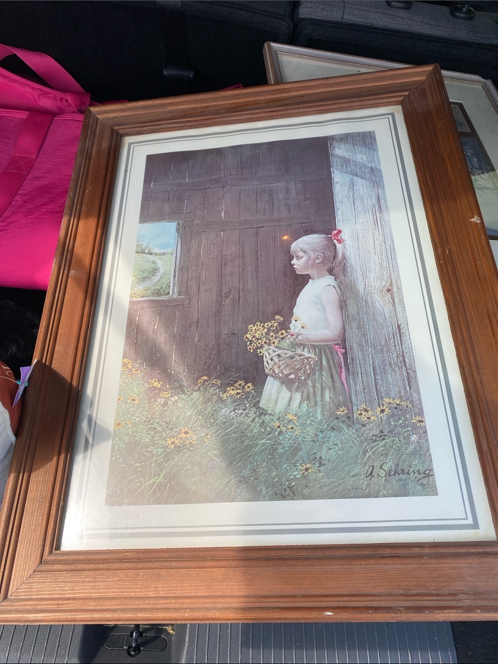Framed Girl with Wildflowers Print - Pink Accents